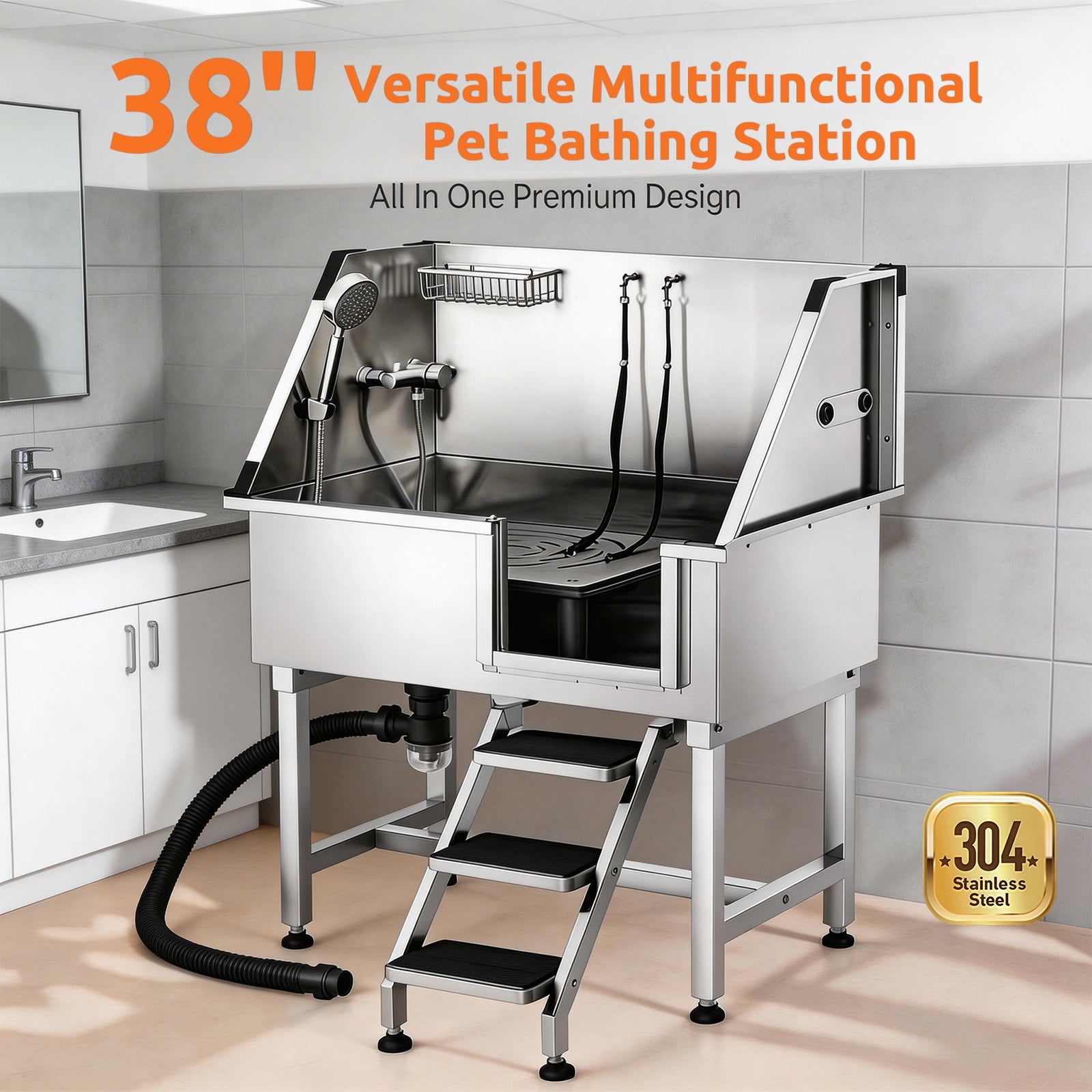 Sudsy Paws 38-inch stainless steel dog wash station with front entry, open three-step ladder, handheld sprayer and restraint straps
