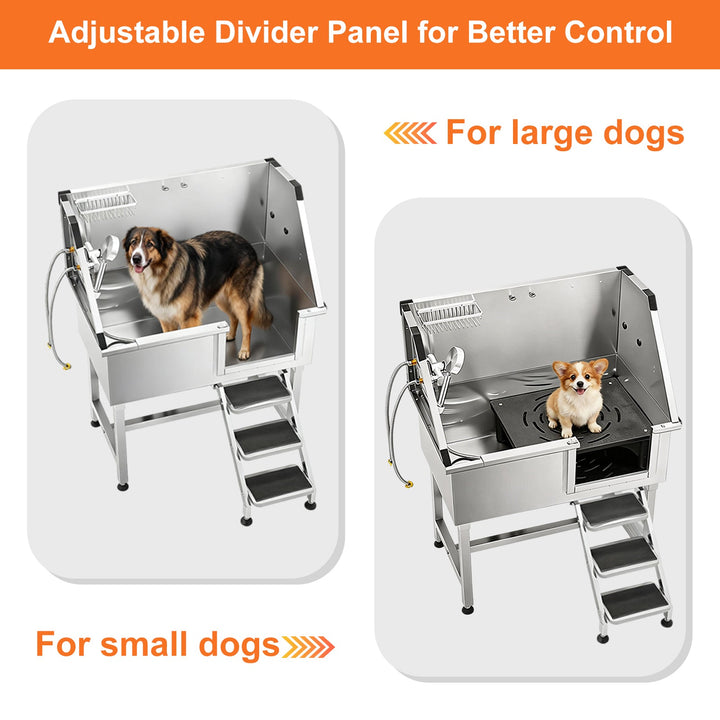 Stainless dog wash station shown with an open basin for a large dog and a raised platform for a small dog