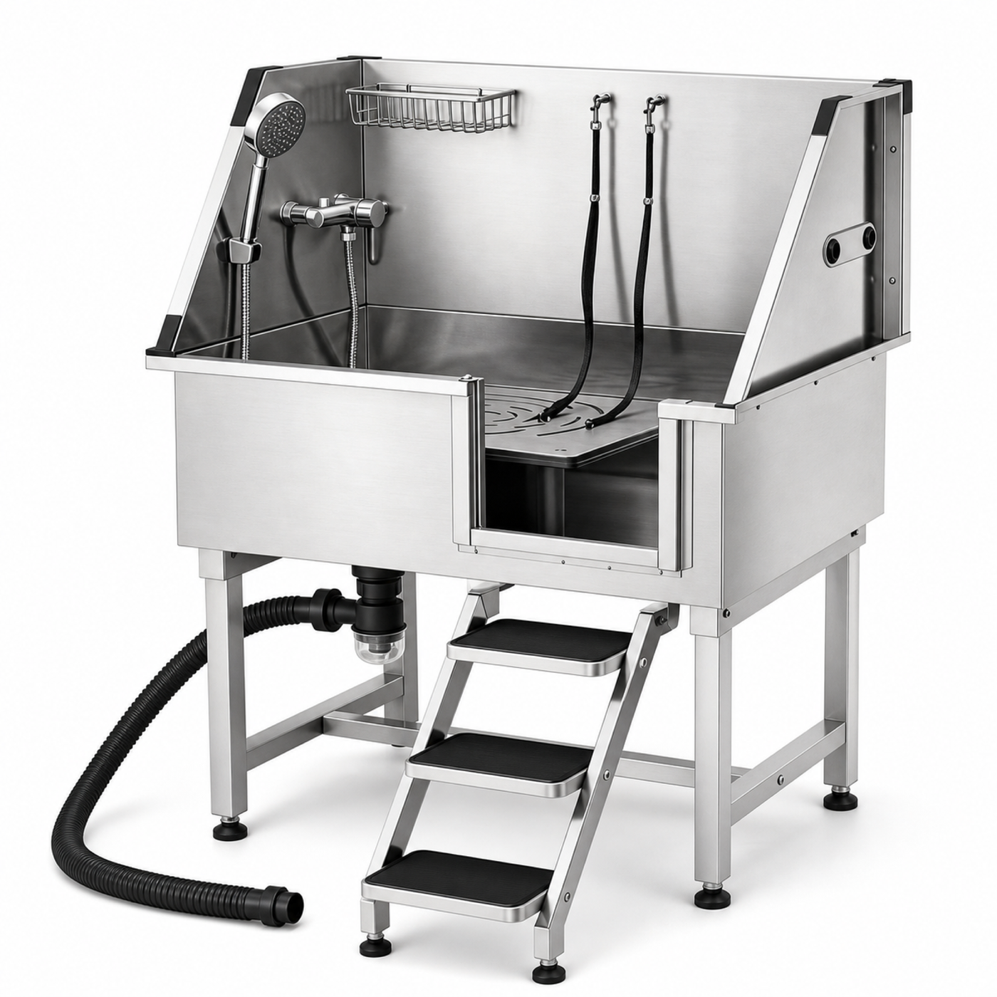 Sudsy Paws 38-inch stainless steel dog wash station, front three-quarter view