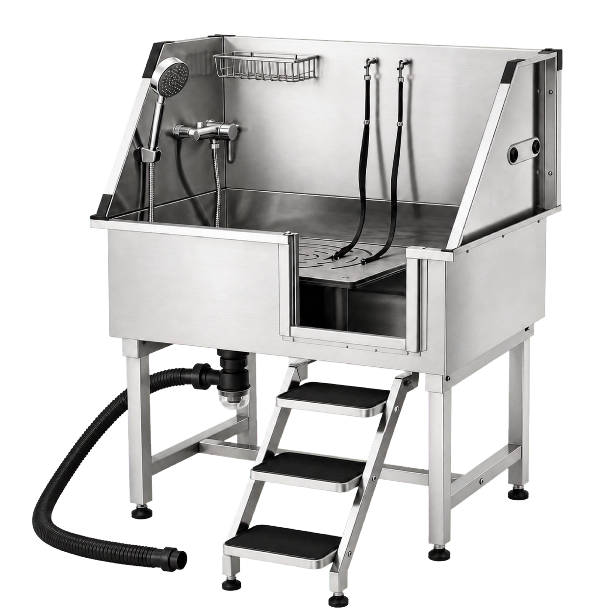 Sudsy Paws 38-inch stainless dog wash station with front entry and separate open-step ladder