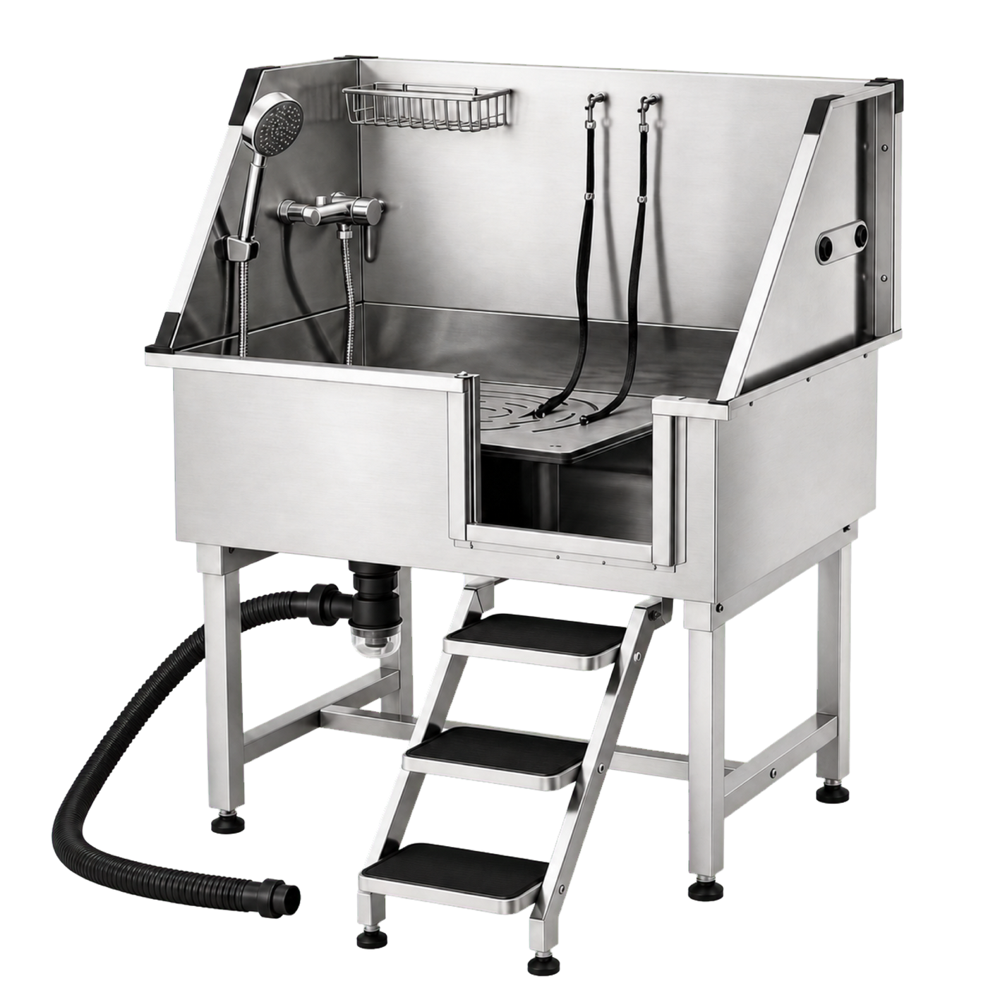 Sudsy Paws stainless steel dog wash station with open frame, basin and splash walls