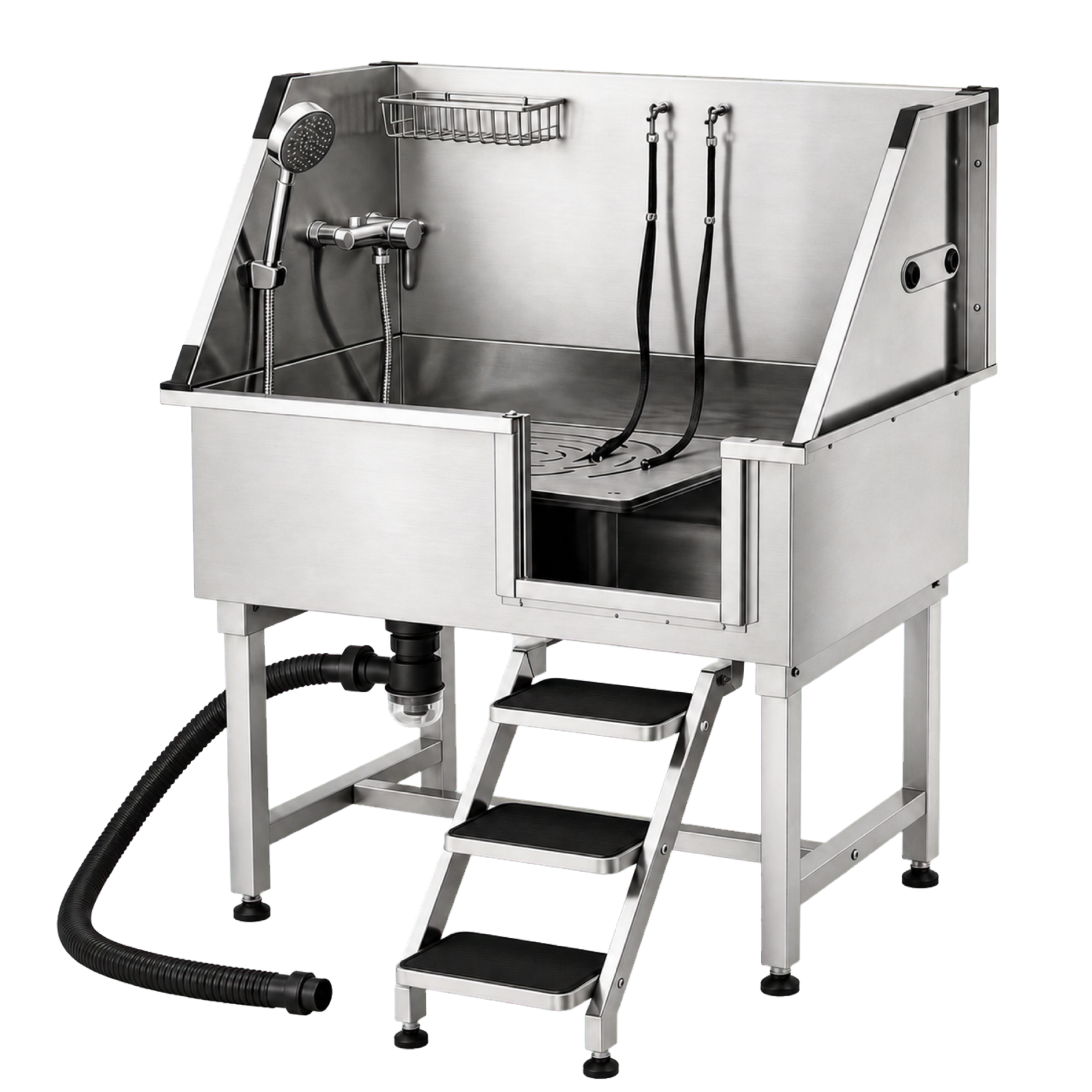 Sudsy Paws 38-inch stainless steel dog wash station, front three-quarter view