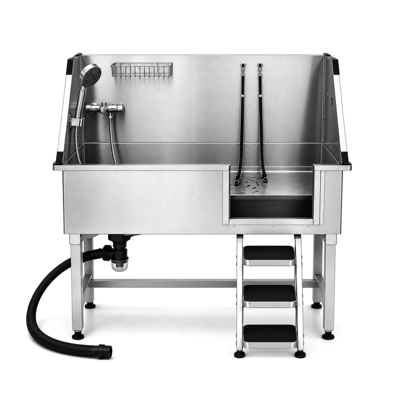 Sudsy Paws 38-inch stainless dog wash station with open three-step ladder, front view
