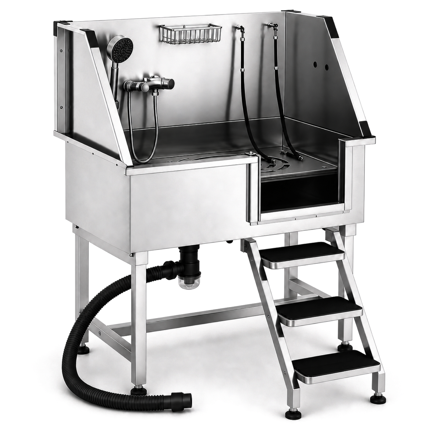 Sudsy Paws 38-inch stainless steel dog wash station, opposite three-quarter view