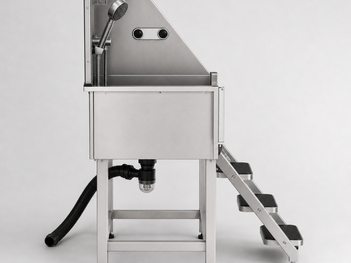 Sudsy Paws 38-inch dog wash station shown from the entry and ladder side
