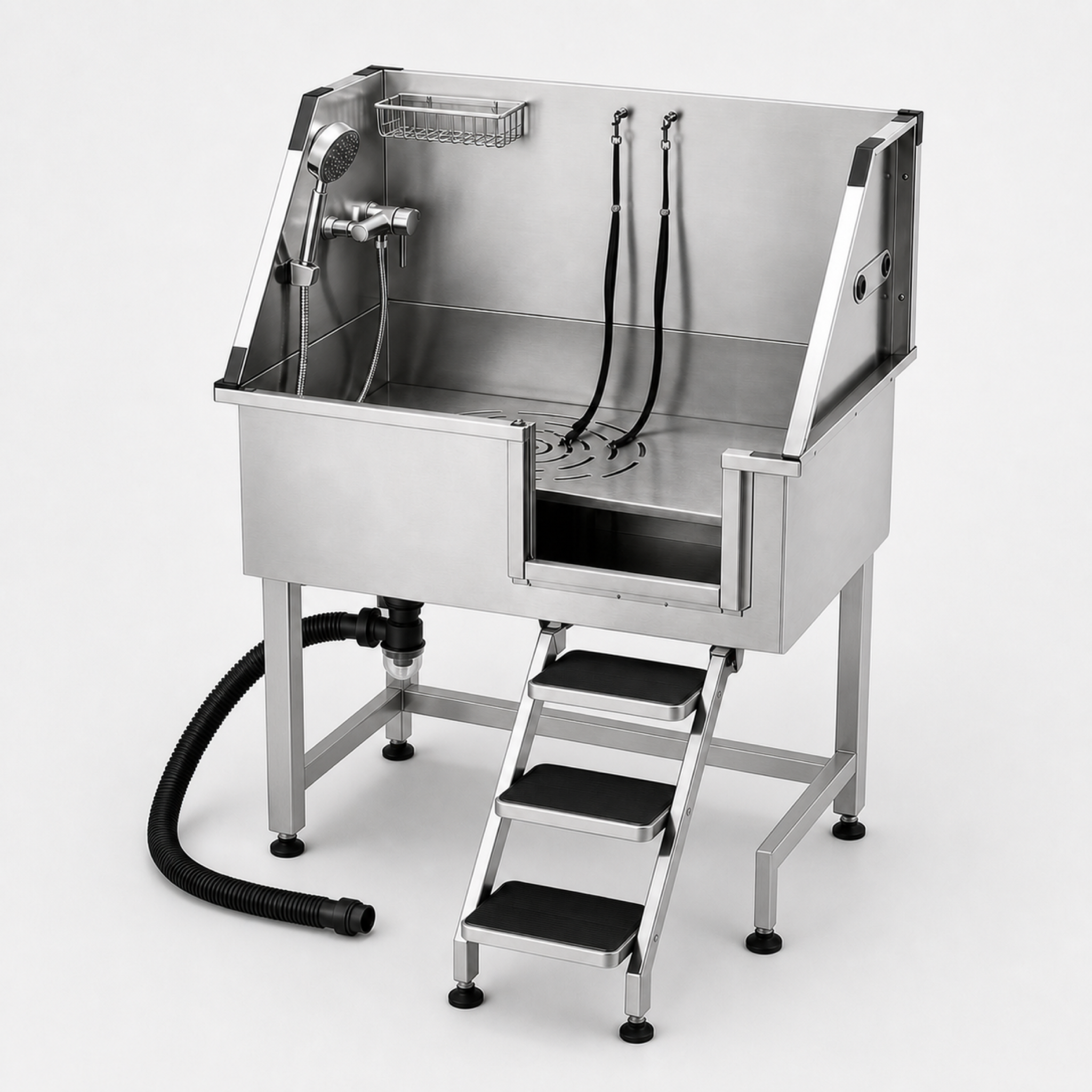 High-angle view of the Sudsy Paws stainless dog wash station