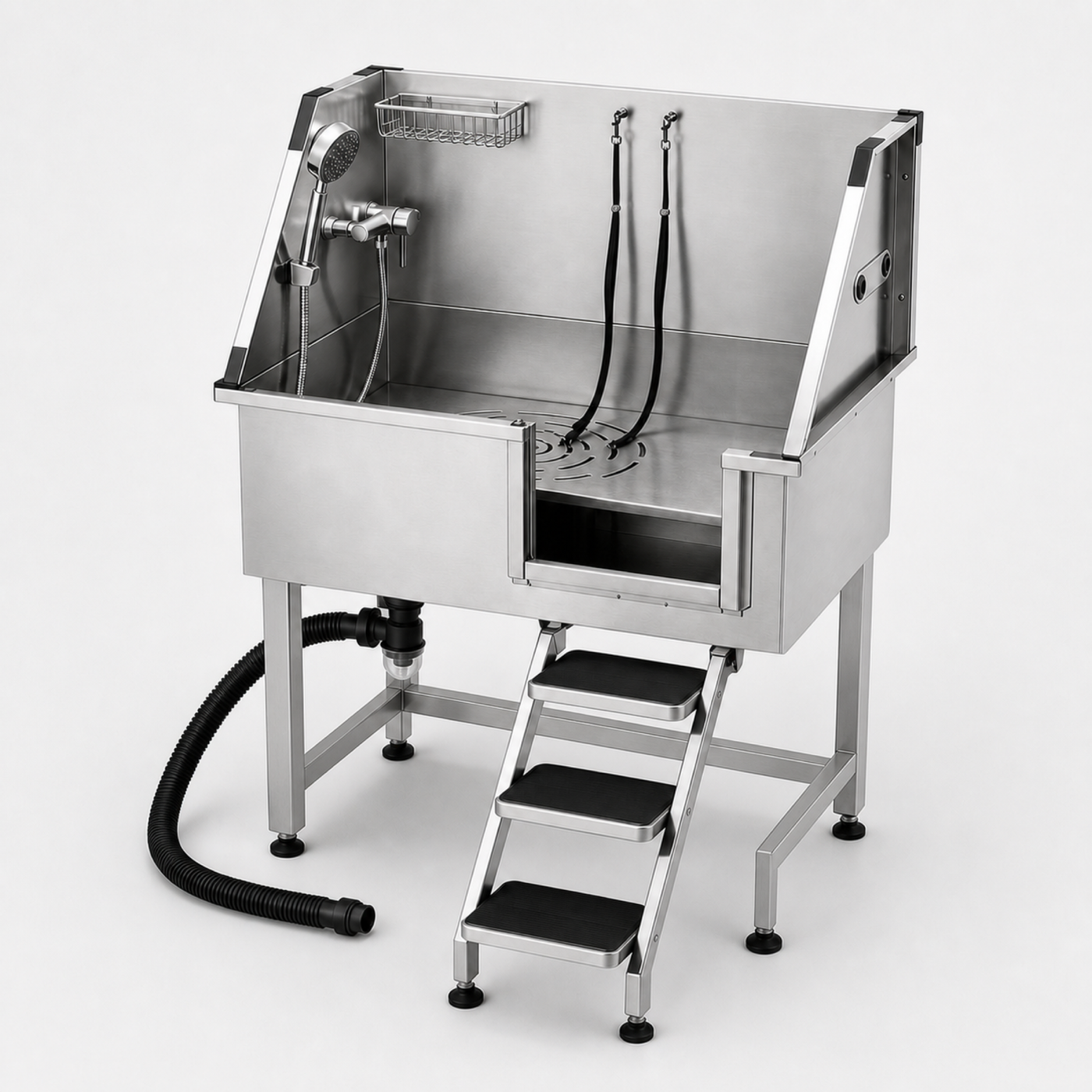 High-angle view of the Sudsy Paws 38-inch stainless dog wash station