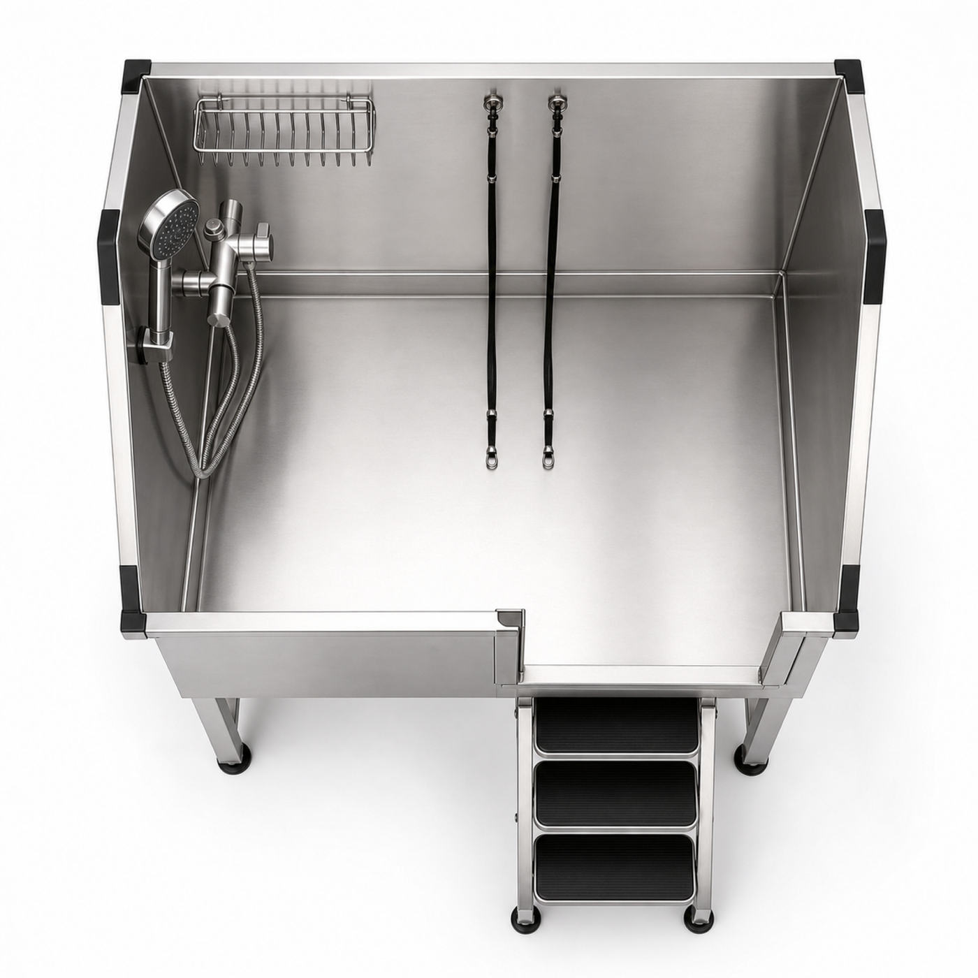 Overhead view of the Sudsy Paws stainless dog wash basin and wash hardware