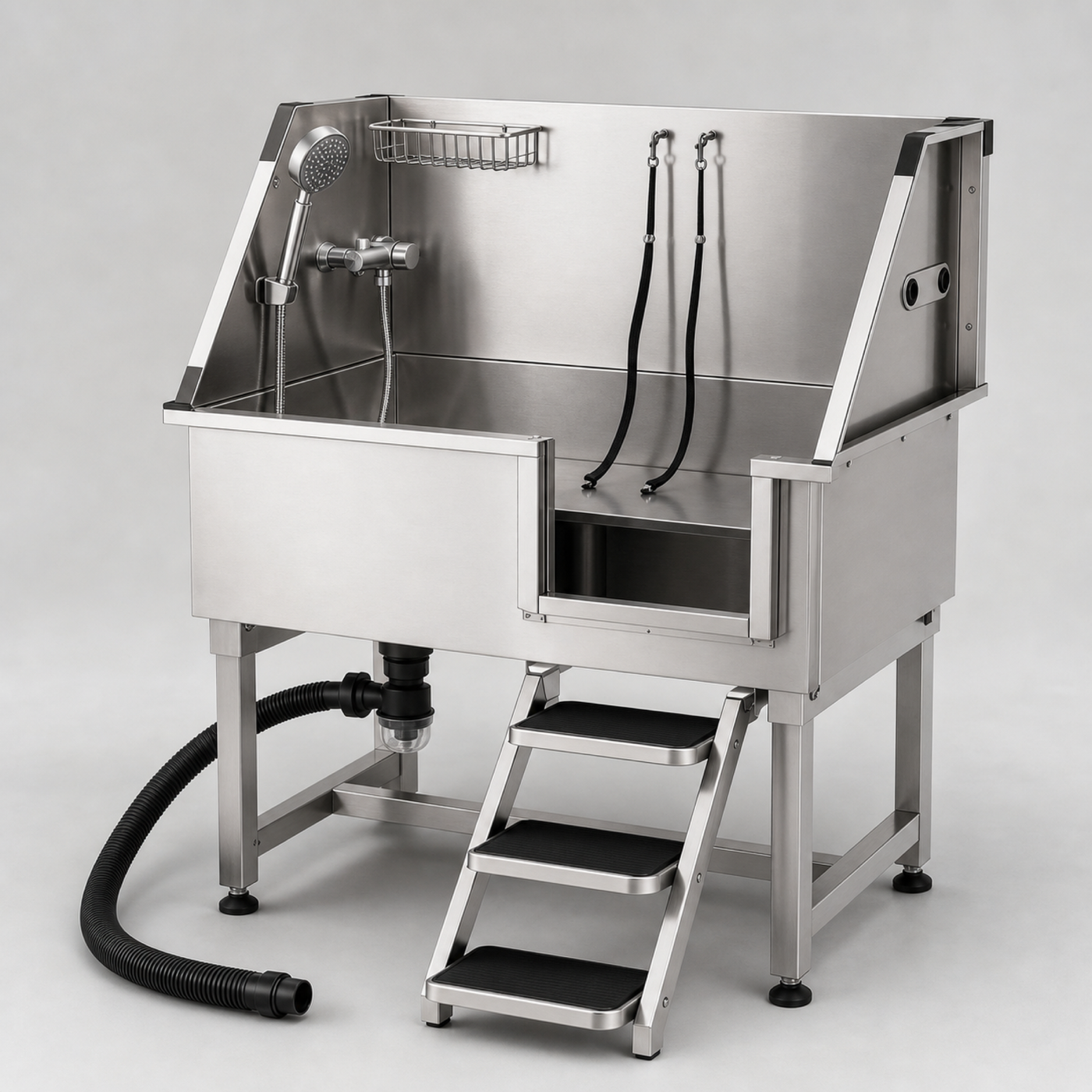 Low-angle view of the Sudsy Paws stainless steel dog grooming station