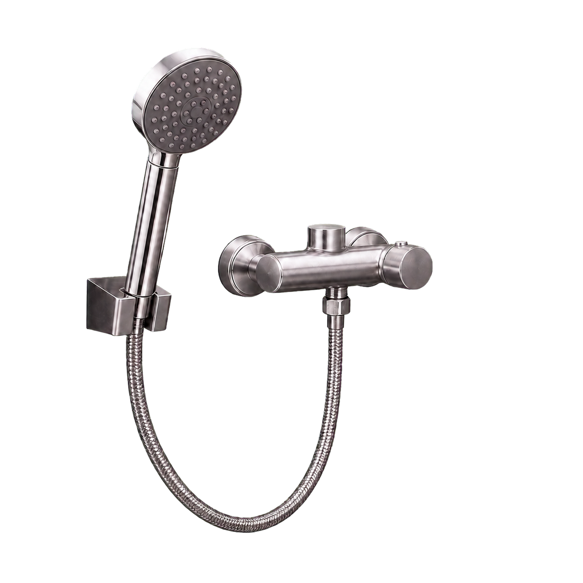 Round handheld sprayer, mechanical mixer and braided hose on the Sudsy Paws dog wash station