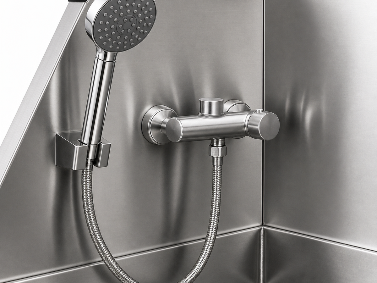 Sudsy Paws handheld sprayer, mixer and braided hose for stainless dog wash station