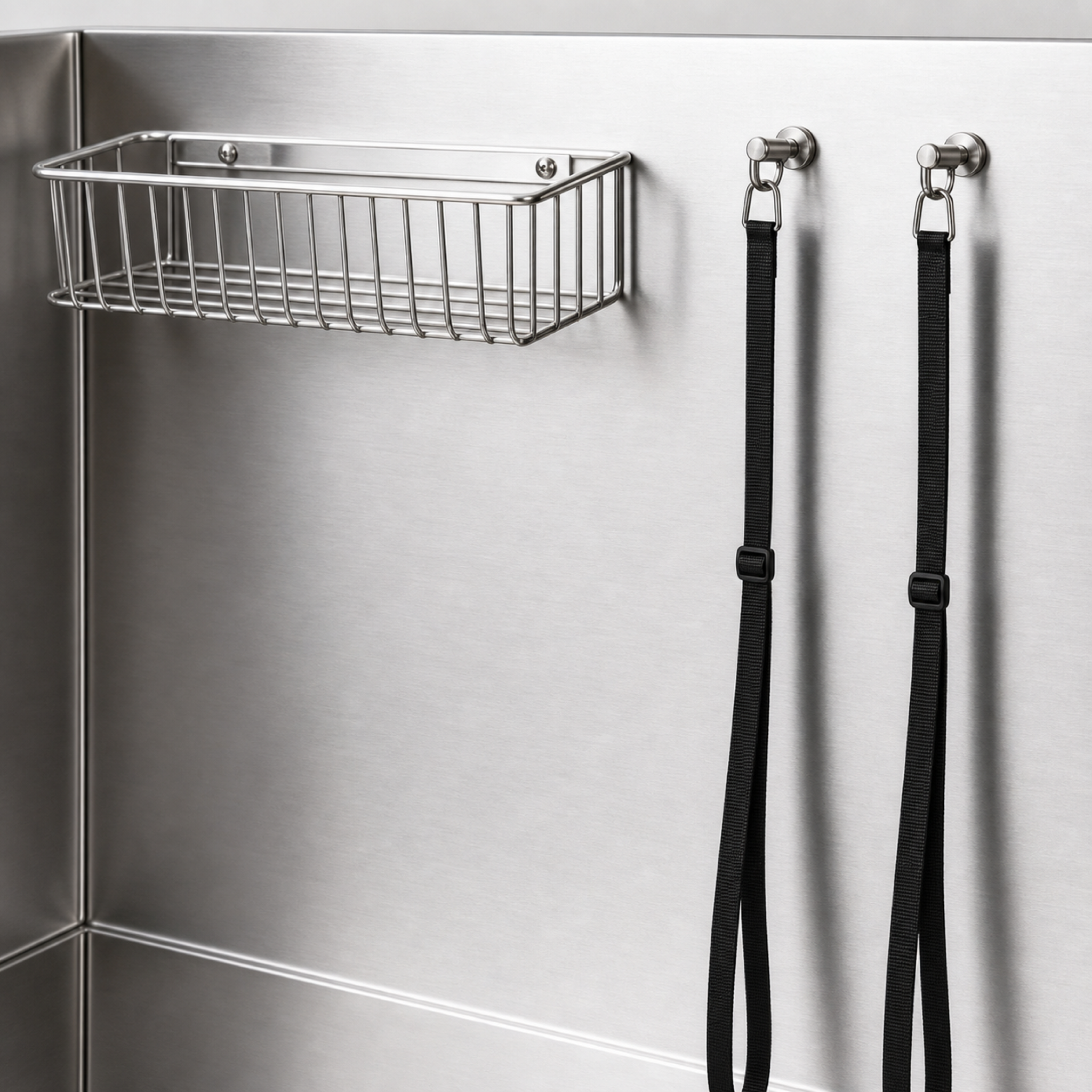 Wire basket and dog restraint points on the stainless basin