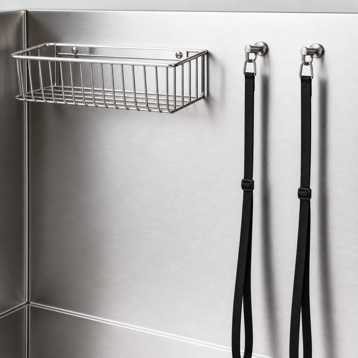 Wire accessory basket and restraint points inside the basin