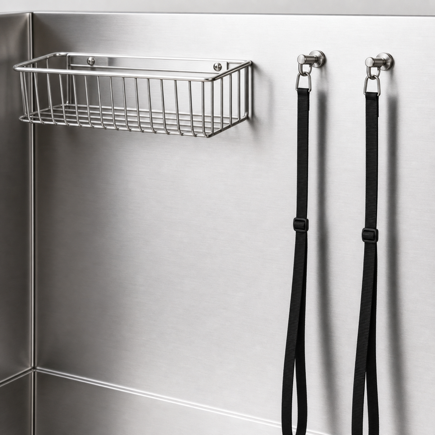 Sudsy Paws wire basket and dog restraint straps on stainless wash basin