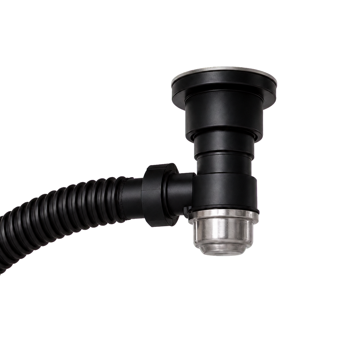 Drain assembly and black corrugated drain hose below the Sudsy Paws dog wash station