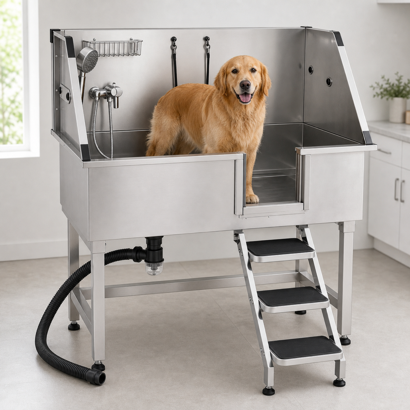 Large retriever standing inside the Sudsy Paws stainless steel dog wash station