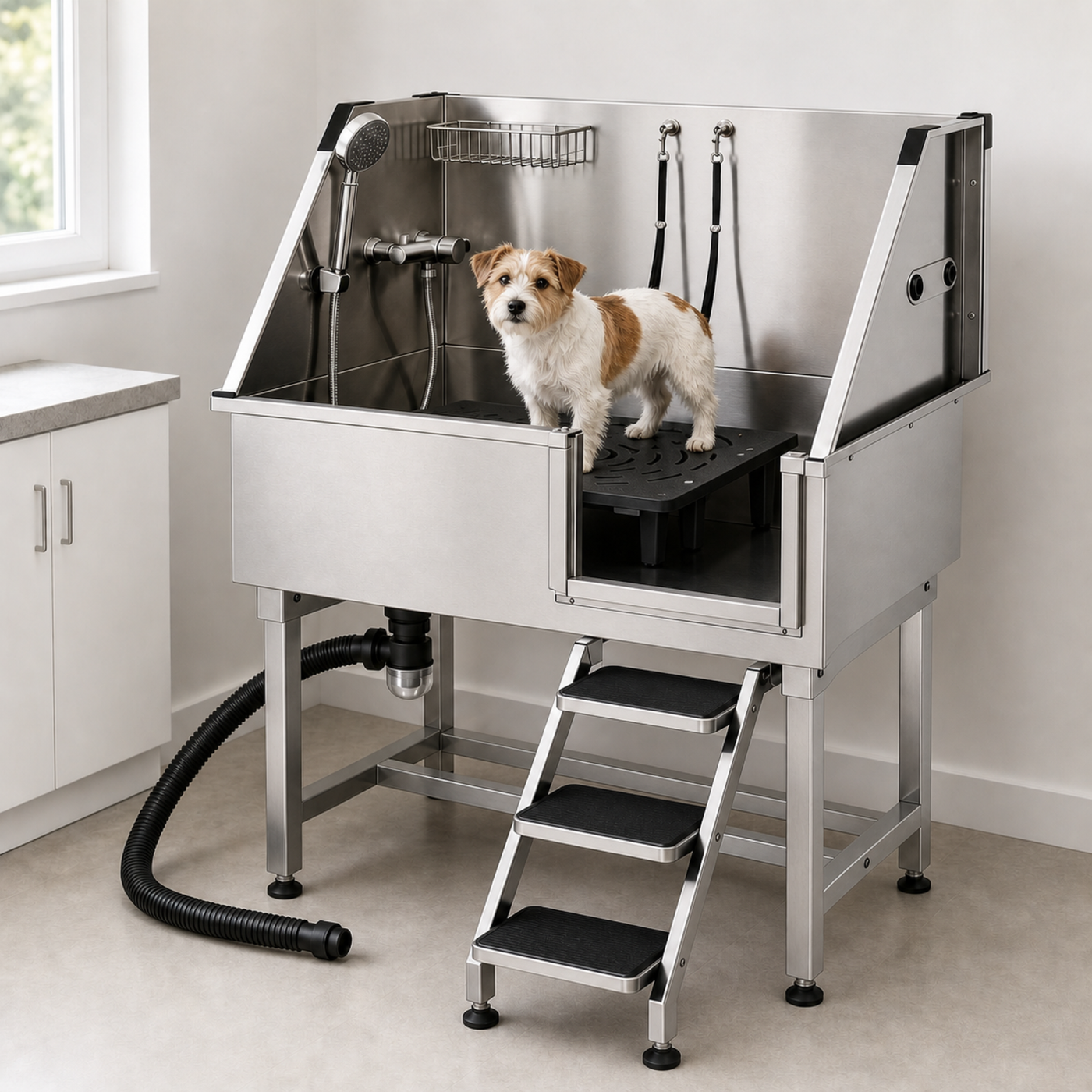 Small dog standing on the raised bathing platform in a Sudsy Paws dog wash station