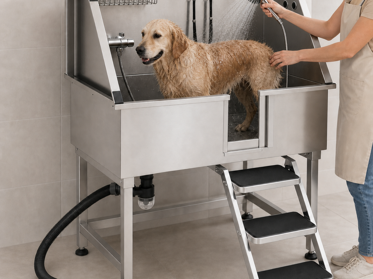 Owner washing a dog with the Sudsy Paws handheld sprayer and stainless wash station