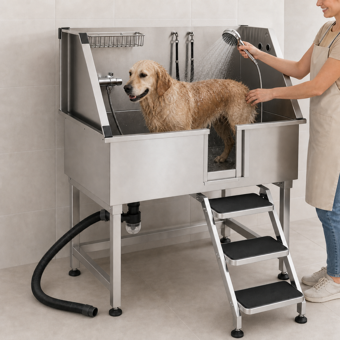 Owner washing a dog with the Sudsy Paws handheld sprayer and stainless wash station