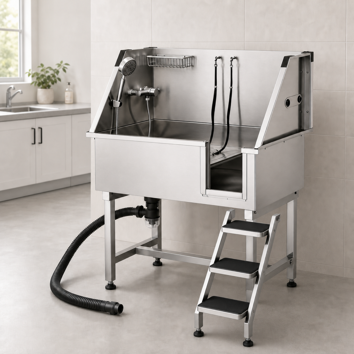 Sudsy Paws stainless steel dog wash station installed in a bright laundry room