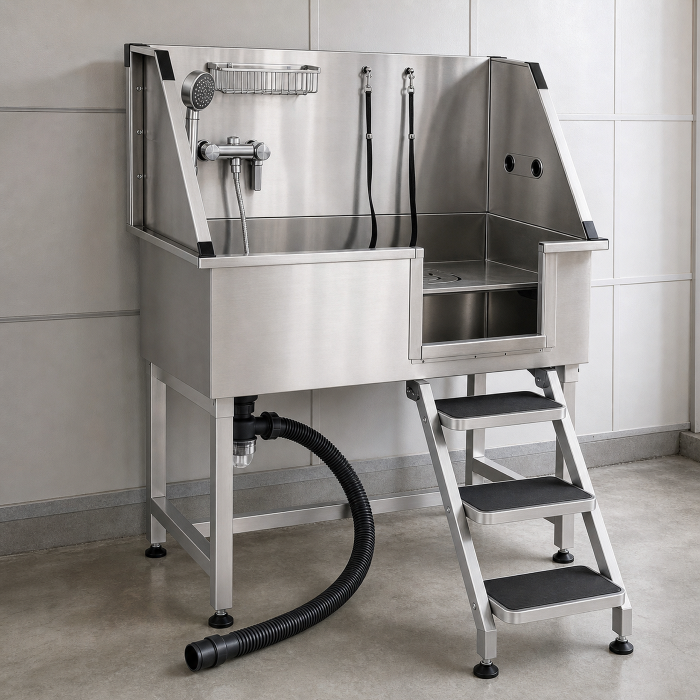 Sudsy Paws stainless steel dog wash station installed in a clean utility room