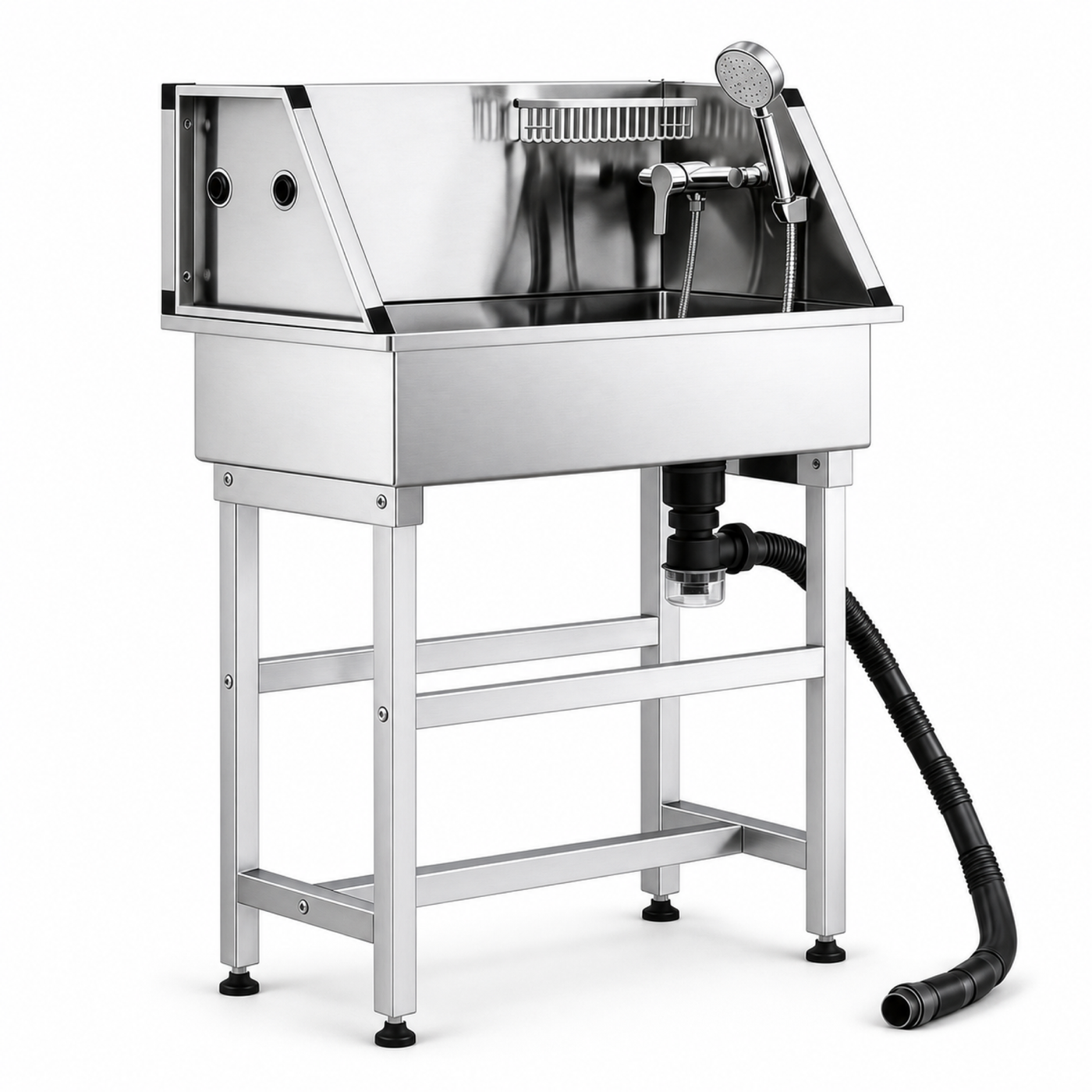 Sudsy Paws 34-inch stainless dog wash station with closed front and open base
