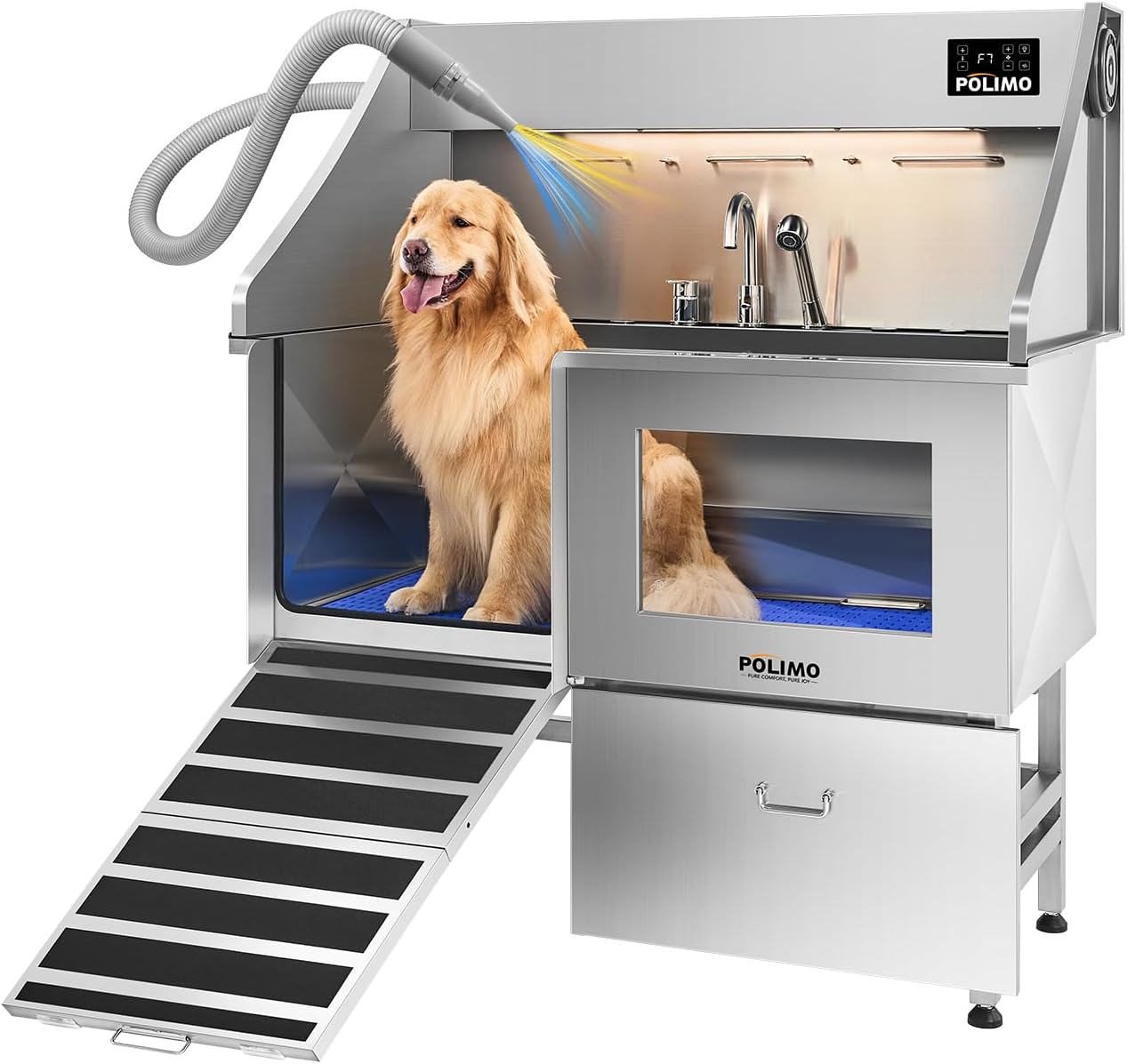 The stainless steel tub with viewing window, foldable ramp and storage drawer
